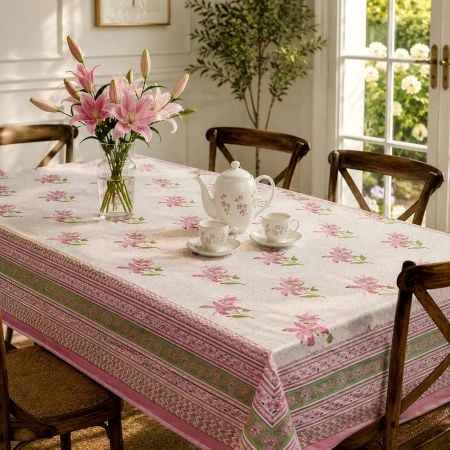 Pink Floral Pattern Handmade Canvas Cotton Table Cover